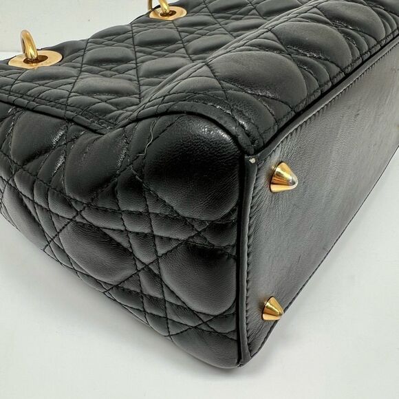 CHRISTIAN DIOR Lady Cannage Hand Tote Bag Leather Black Gold - Picture 7 of 13